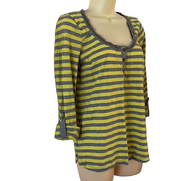 DKNY Jeans Size S Gray & Yellow Striped Knit Top Henley Convertible Sleeve Y2K - Picture 5 of 10